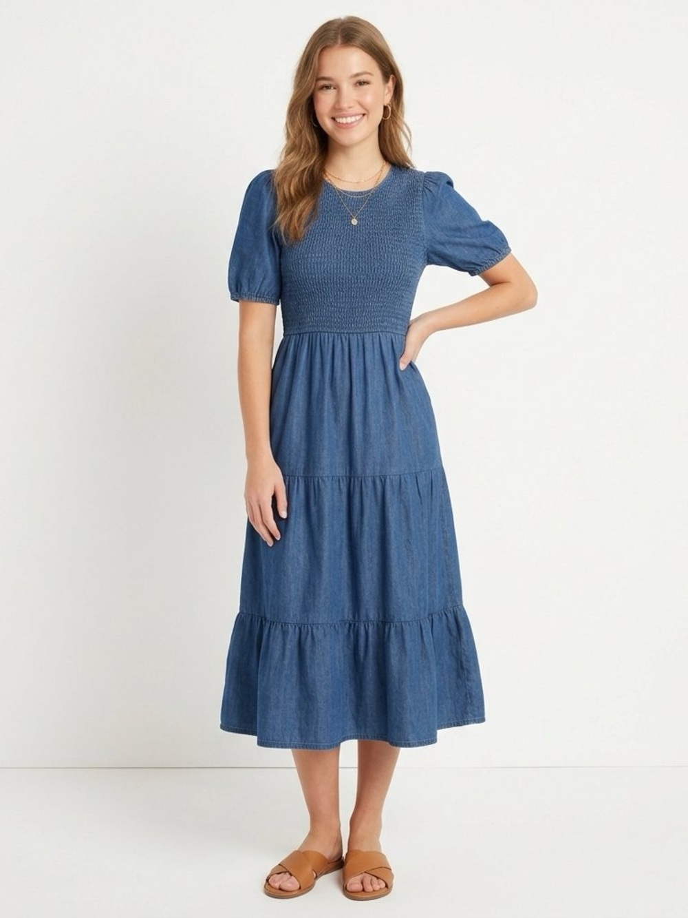 Old Navy Blue Chambray Denim Midi Dress Smocked Puff Sleeve Tiered Women Medium